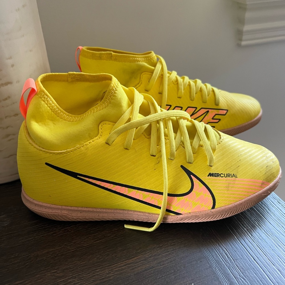 Nike Kids Yellow Indoor Soccer Sneakers with Pink Accents